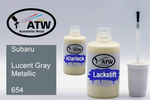 Subaru, Lucent Gray Metallic, 654: 20ml Lackstift + 20ml Klarlack - Set, von ATW Autoteile West.